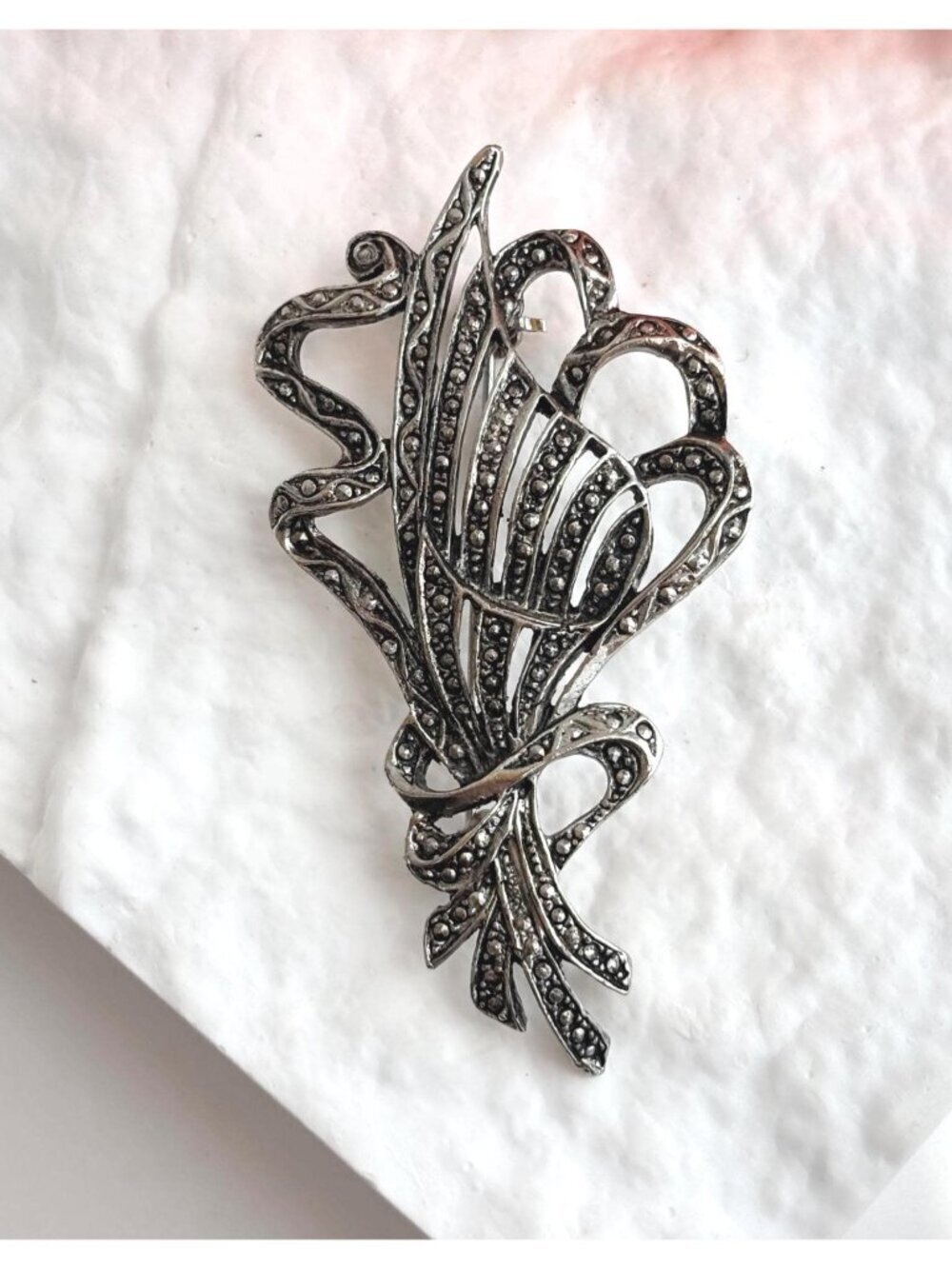 Modernist Silver T Faux Marcasite Bouquet 80's Vintage Costume Jewelry Brooch